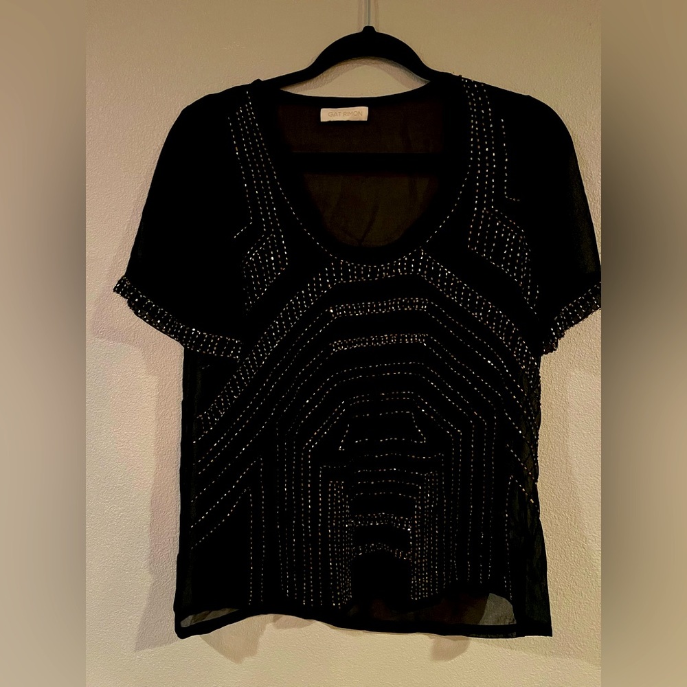Gat Rimon Abel blouse, black sheer beaded with gold tubular beads, size 2